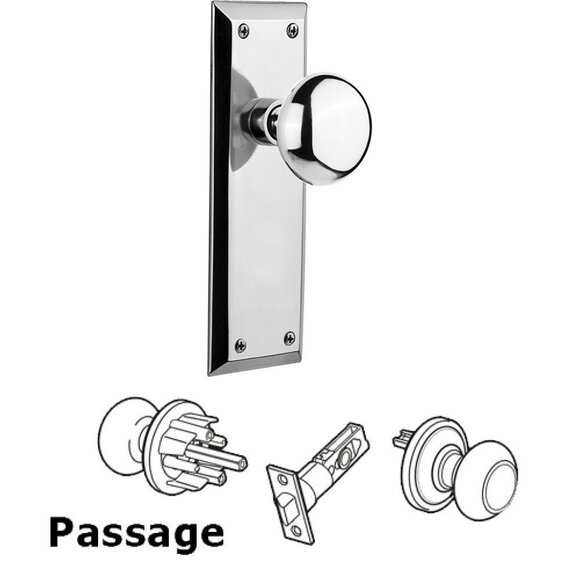 Nostalgic Passage Door NIB New York Plate Door Knob in Bright Chrome NIB 2 avail